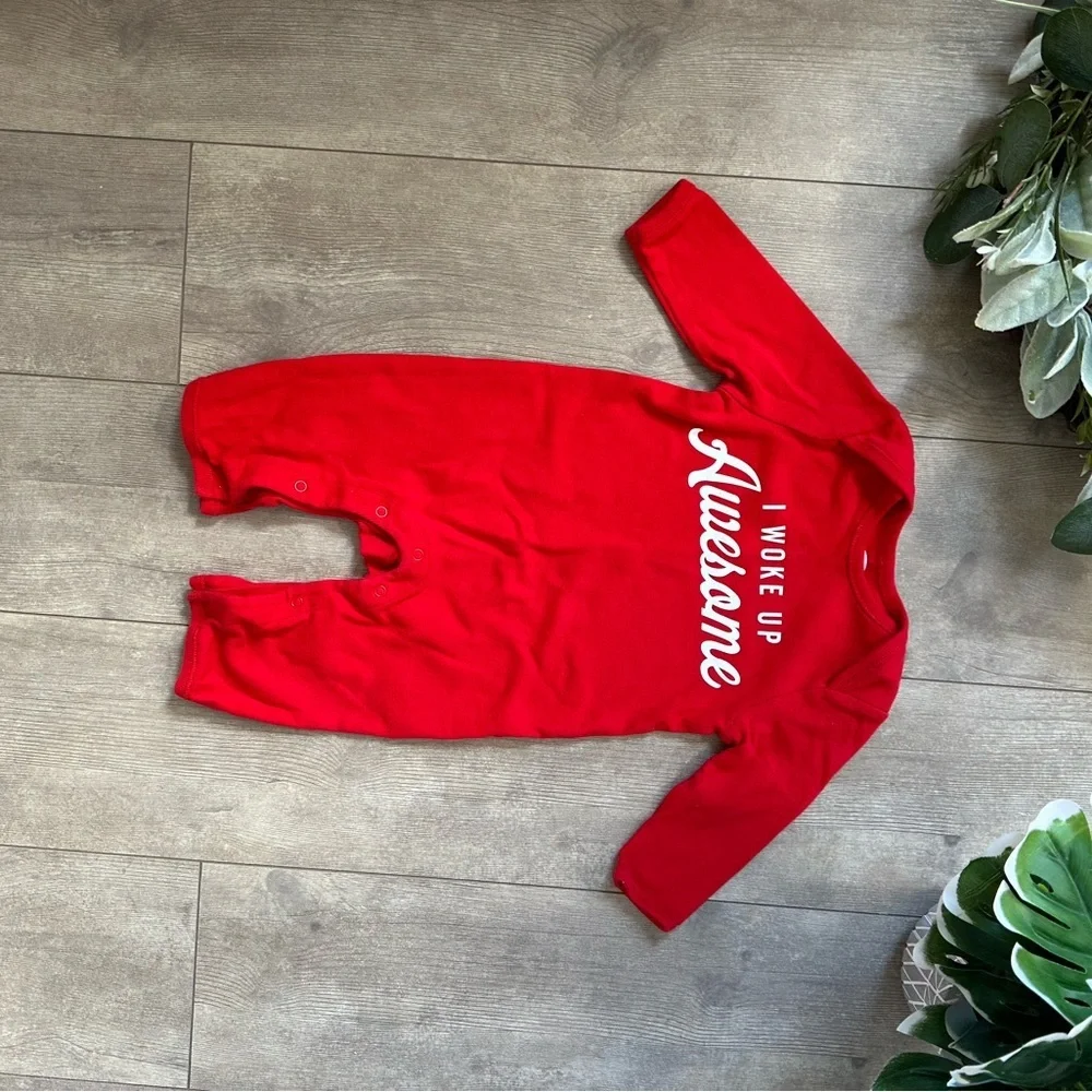 Old Navy Red 'I Woke Up Awesome' Kids One Piece Coveralls Romper 3-6 Months